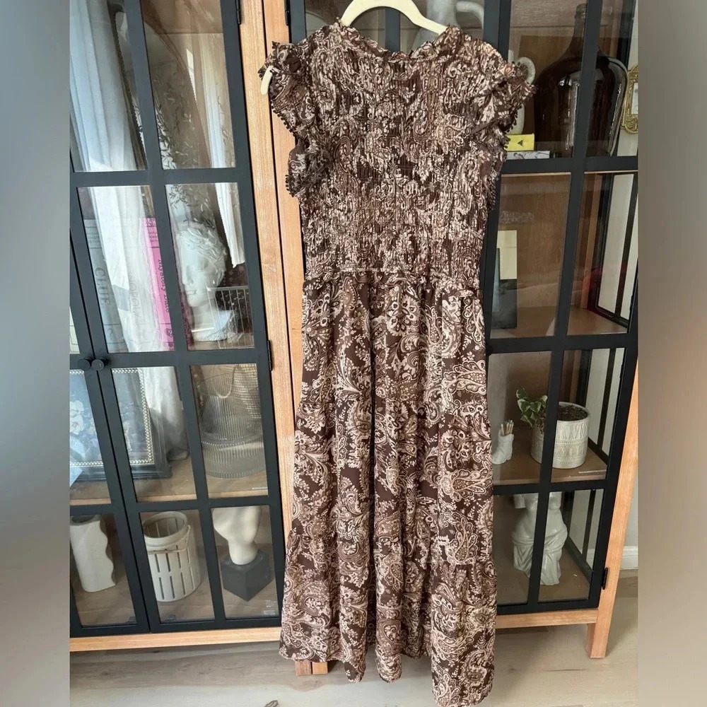 Moon River Smocked midi dress paisley ruffles embroidered anthropologie tiered - Picture 2 of 7